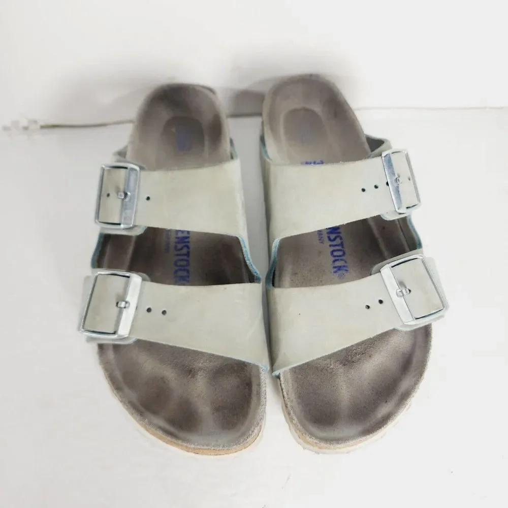BIRKENSTOCK Women's Arizona Nubuck Leather Light Blue SoftFB Sandals EU38 US7_4